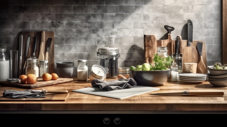Blick in eine Küche mit vielen Bedarfsgegenständen des täglichen Lebens: Küchenbretter und Messer, Vorratsdosen, Schüsseln, Holzlöffel.