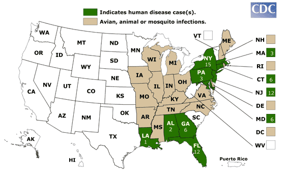 Abb. 2 b: Einschleppung des West-Nil-Virus in die USA 2001
