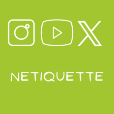 X (ehemals Twitter) und YouTube-Emblem auf grünem Hintergrund sowie das Wort "Netiquette"