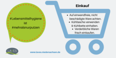 Grafik eines Einkaufwagens, Text dazu: Auf einwandfreie, nicht beschädigte Ware achten. Kühltasche verwenden und Kühlkette einhalten. Verderbliche Waren frisch einkaufen. #Lebensmittelhygiene ist #mehralsnurputzen