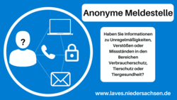 Banner der Anonymen Meldestelle: Grafik einer Person mit Fragezeichen, Symbole von Laptop, Telefonhörer und Briefumschlag, Linien führen von der Person zu den Gegenständen und dann zu einem Schloss. Dazu Text der Anonymen Meldestelle.