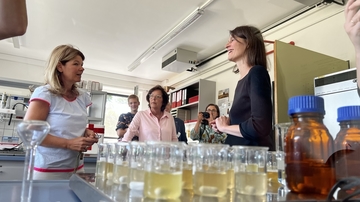 Zahlreiche kleine Bechergläser mit Honiglösungen stehen vor einer Glasscheibe. Dahinter sind Martina Janke und Ministerin Miriam Staudte im Gespräch.