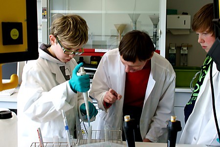 Zwei Schüler im Labor pipettieren unter Aufsicht eines Erwachsenen