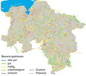 Räumliche Verteilung der ökologischen Bewertung der niedersächsischen Fließgewässer und Seen anhand ihrer Fischfauna (Stand: September 2014)