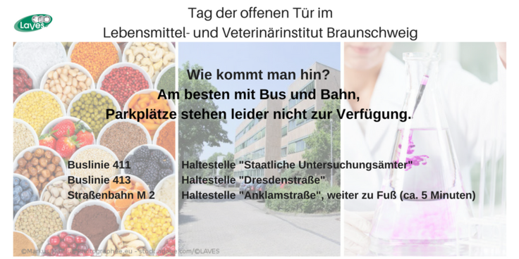 Anfahrt mit Bus und Bahn, Linie 411 Haltestelle "Staatl. Untersuchungsämter", 413 Haltestelle "Dresdenstraße" oder M 2 Haltestelle "Anklamstraße"