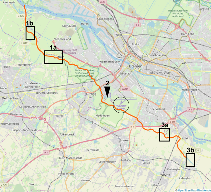 Karte der niedersächsischen Flussabschnitte der Ochtum mit Probenahmestellen