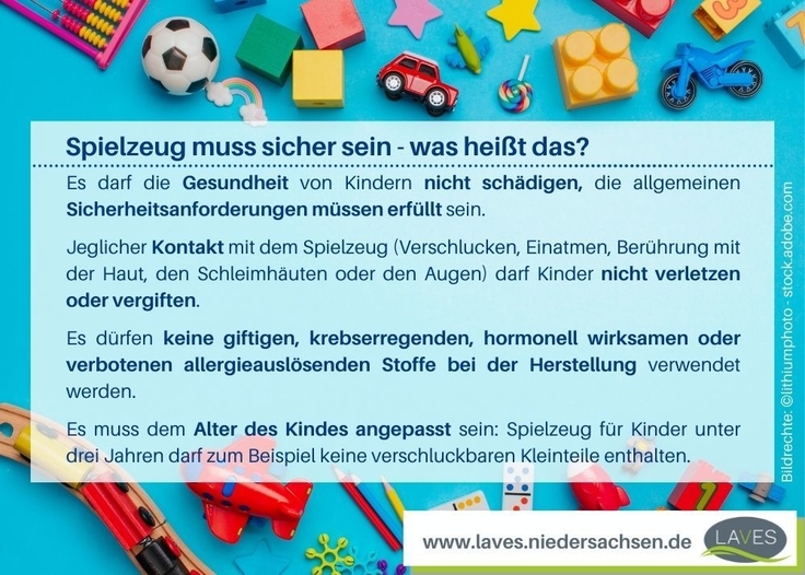 Die Infografik zeigt einen blauen Hintergrund mit Spielzeug. Info: Spielzeug darf die Gesundheit von Kinder nicht schädigen, es dürfen keine giftigen, krebserregenden Stoffe bei der Herstellung verwendet werden, es muss altersgerecht sein.
