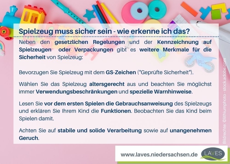 Die Infografik zeigt einen rosa Hintergrund mit Spielzeug. Info: Sicheres Spielzeug kann man daran erkennen: GS-Zeichen, altersgerechtes Spielzeug, Verwendungsbeschränkungen und Warnhinweise beachten, auf stabile und solide Verarbeitung und Geruch achte