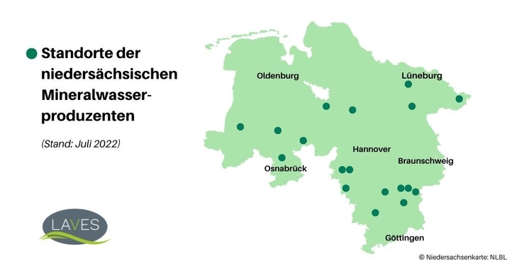 Übersichtskarte mit den Standorten der niedersächsischen Mineralwasserproduzenten. Die meisten Standorte befinden sich im Harz.