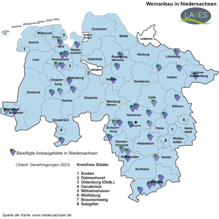 Weinanbau in Niedersachsen (Stand 2023)