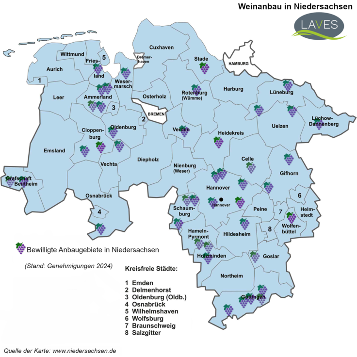 Weinanbau in Niedersachsen (Stand 2023)