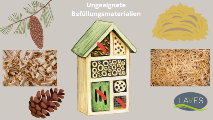 Infografik: in der Mitte ein Wildbienenhotel (Holzhäuschen mit verschiedenen Füllungen. Darum angeordnet ungeeignete Füllmaterialiene: ein Fichtenzapfen, Hobelspäne, ein Kiefernzapfen, Holzwolle, Stroh.