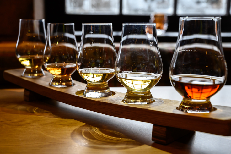 Verschiedene Whiskys in Tastinggläsern