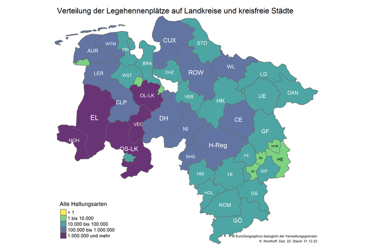 Karte 1 - Verteilung der registrierten Legehennenplätze (alle Haltungsarten)