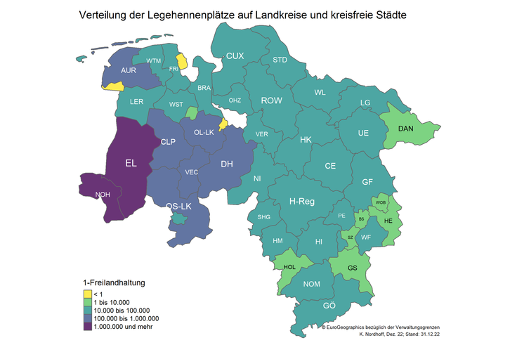 Karte 3 - Verteilung der registrierten Legehennenplätze (Freilandhaltung)