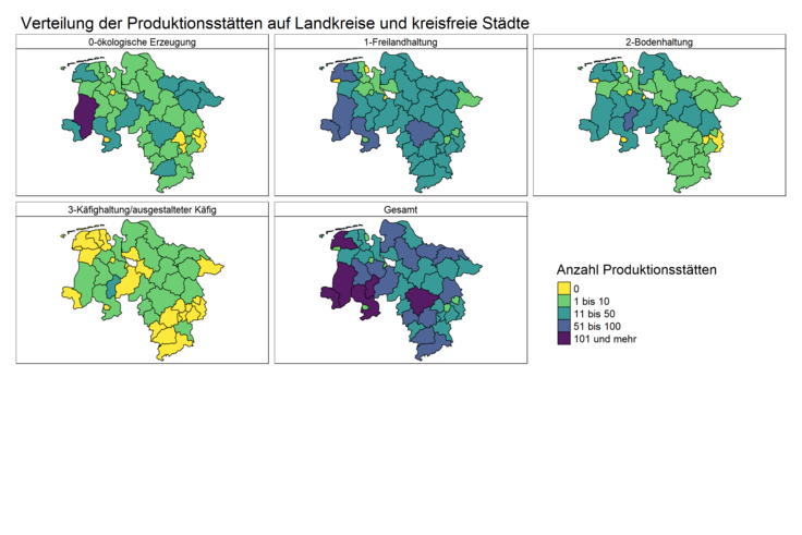 Karte 6 - Verteilung der registrierten Produktionsstätten (alle Haltungsarten und Gesamtzahlen)