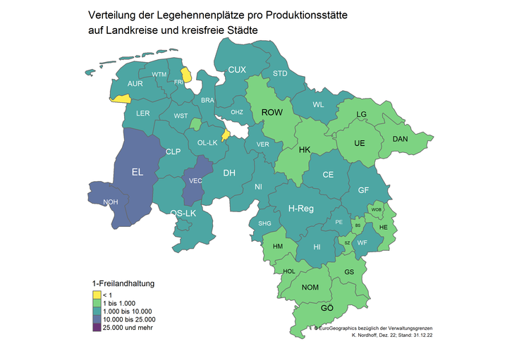 Karte 9 - durchschnittliche Legehennenplätze pro Produktionsstätte (Freilandhaltung)