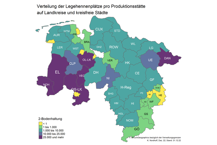 Karte 10 - durchschnittliche Legehennenplätze pro Produktionsstätte (Bodenhaltung)