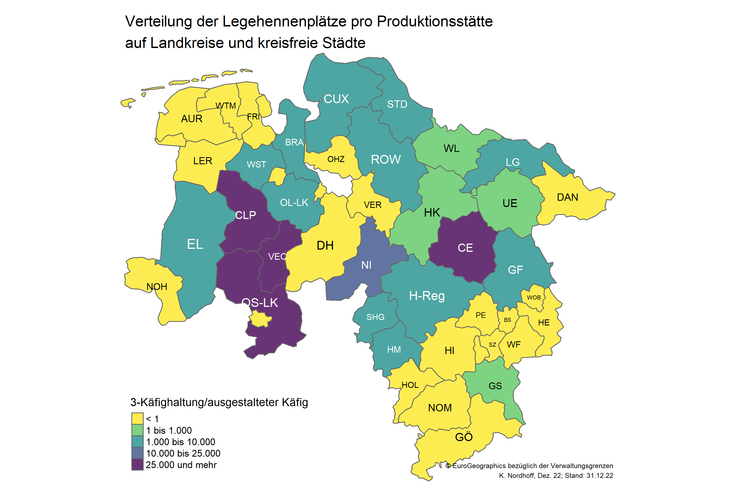 Karte 11 - durchschnittliche Legehennenplätze pro Produktionsstätte (Käfighaltung)