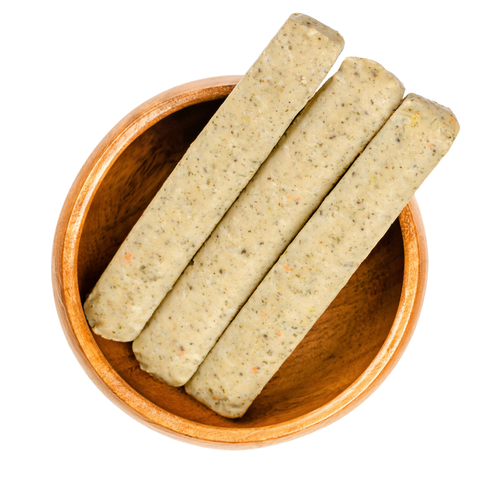 There are three bratwursts without meat in a light wooden bowl against a white background.