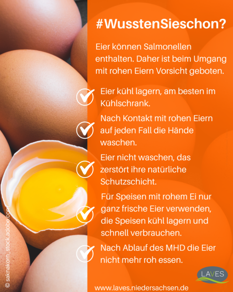 Wussten Sie schon? Eier können Salmonellen enthalten. Daher ist beim Umgang mit rohen Eiern Vorsicht geboten. Eier nicht waschen, das zerstört ihre natürliche Schutzschicht. Eier kühl lagern, am besten im Kühlschrank.