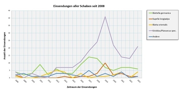 Einsendungen 2023: sechsmal Blattella germanica, einmal Supella longipalpa, einundzwanzigmal Ectobius und Planuncus spec.