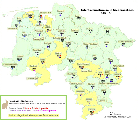 Verteilungsmuster positiver Tularämiefälle in Niedersachsen