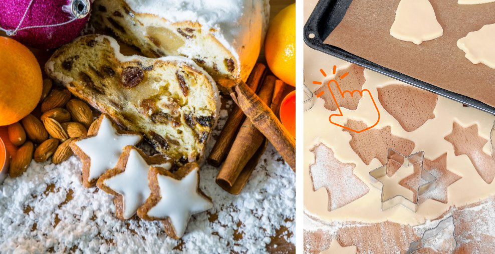 Stollen, Zimtsterne, Mandeln, Mandarinen, Zimtstangen, Keksteig