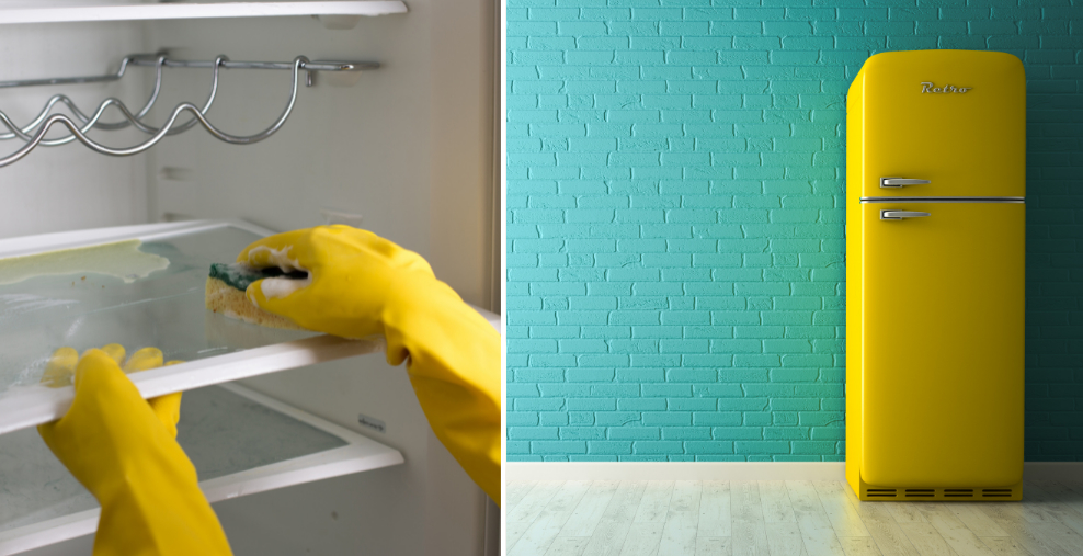 Bilder von einem gelben Kühlschrank und wie er innen geputzt wird.