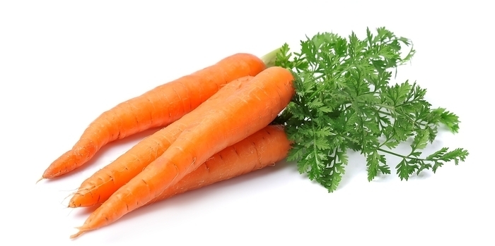 Frische Karotten, isolierte Nahaufnahme vor weißem Hintergrund.