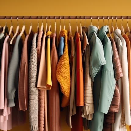 Kleidung aus verschiedenen Materialien auf einer Kleiderstange