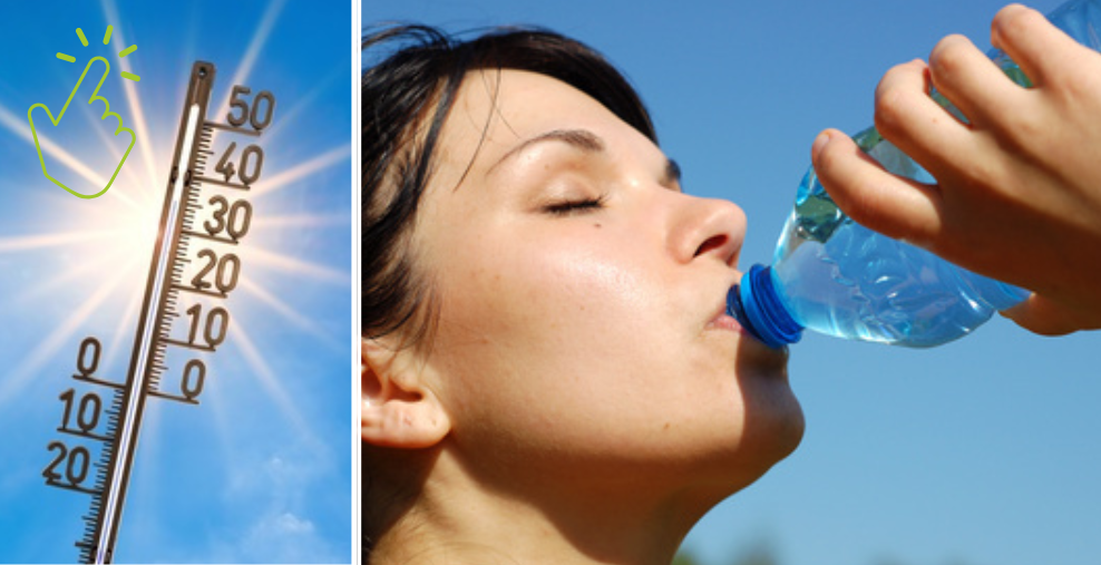 Thermometer und eine Frau trinkt aus einer Flasche Wasser vor blauem Hintergrund