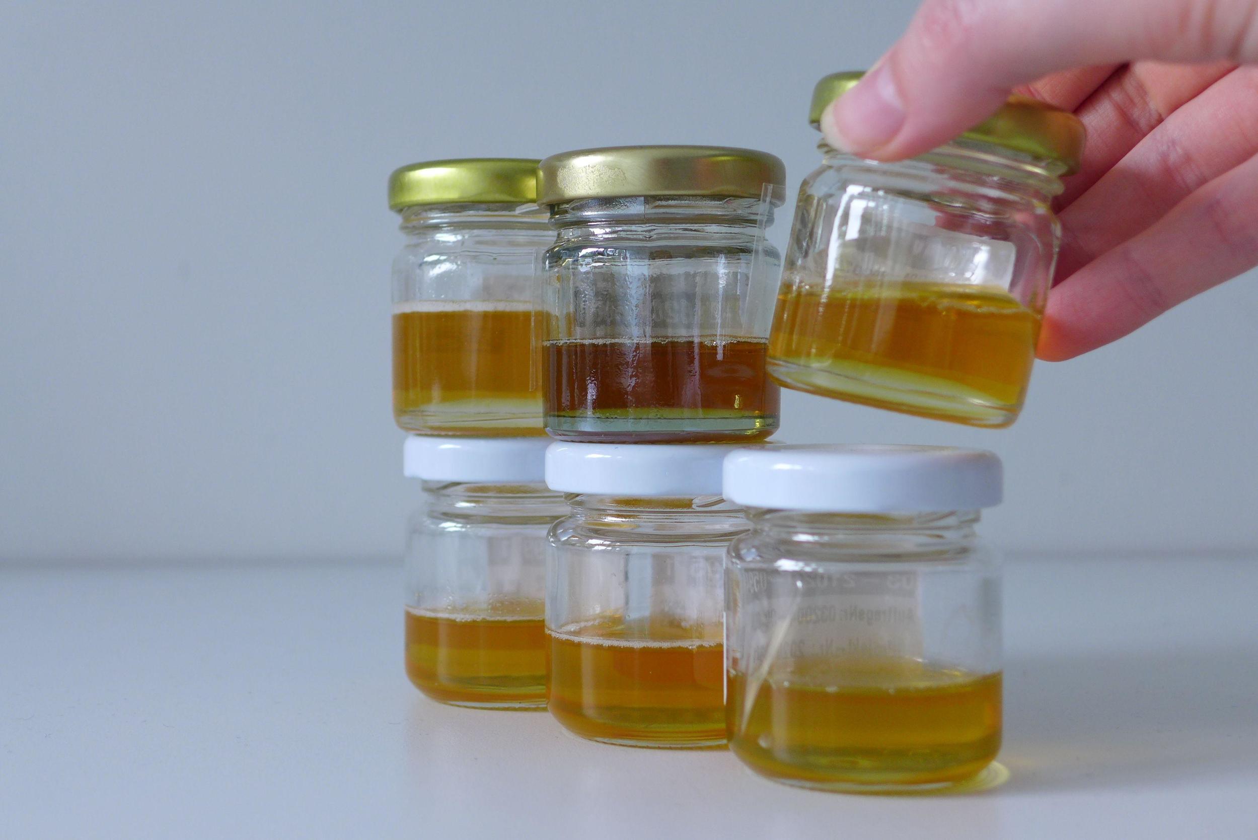 Drei kleine Honiggläser in einer Reihe, darüber eine zweite Reihe mit drei Gläsern. Eine Hand hebt das Glas oben rechts leicht an.